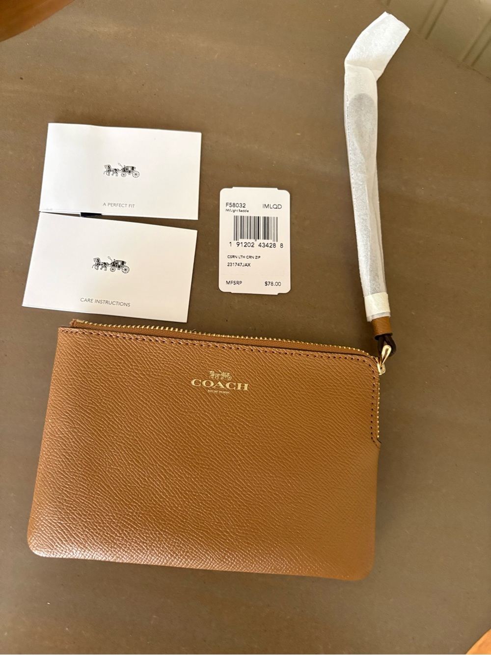 Coach Tan Leather Zip Wrist Pouch with Gold Hardware